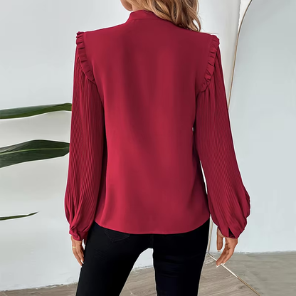 Blouses- Wine Red Bow-Tie Blouse for Office with Long Sleeves- - IndioGear Women Clothing