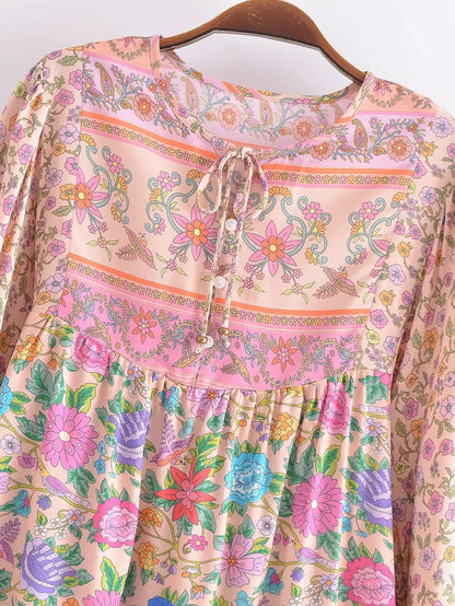 Blouses- Women Boho Fall Floral Blouse with Long Sleeves- - Chuzko Women Clothing