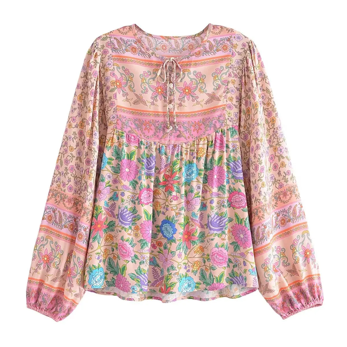 Blouses- Women Boho Fall Floral Blouse with Long Sleeves- - Chuzko Women Clothing