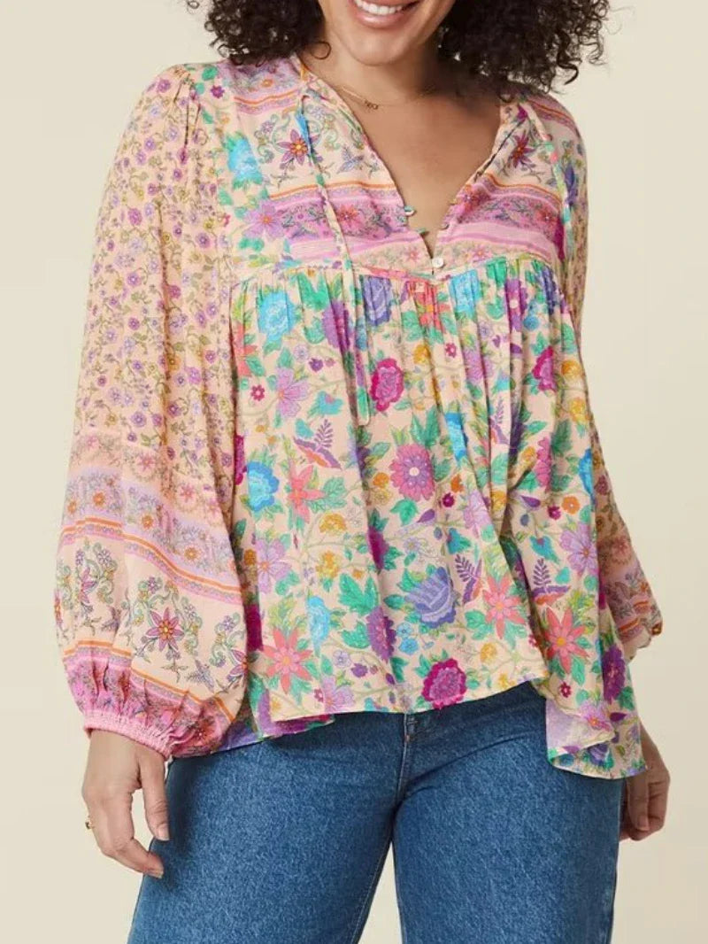 Blouses- Women Boho Fall Floral Blouse with Long Sleeves- - Chuzko Women Clothing