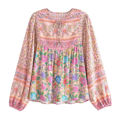 Blouses- Women Boho Fall Floral Blouse with Long Sleeves- pink- Chuzko Women Clothing