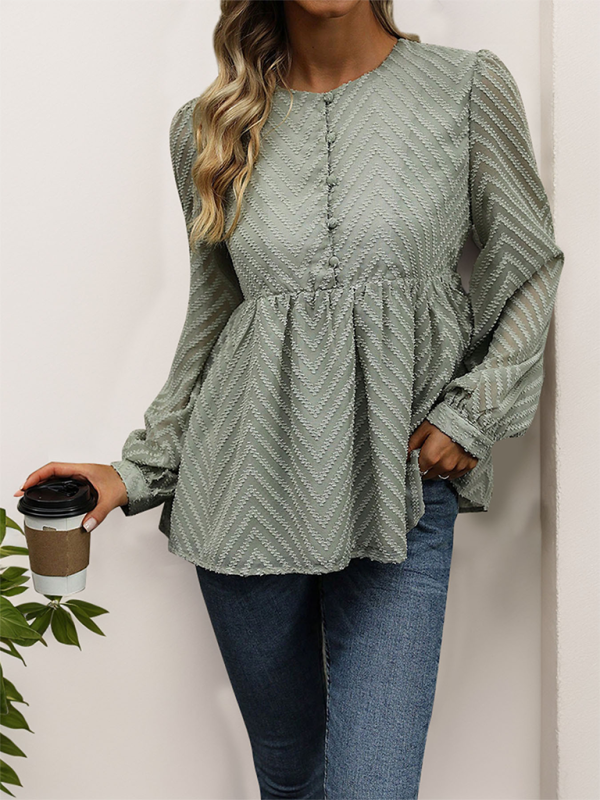 Blouses- Women Chevron Textured Top Blouse with Long Sleeves- - IndioGear.com