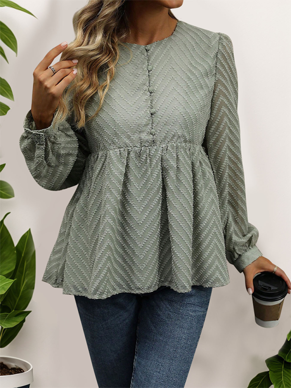 Blouses- Women Chevron Textured Top Blouse with Long Sleeves- - IndioGear.com