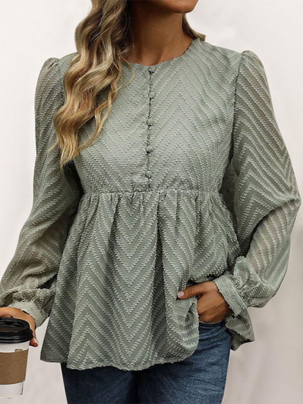 Blouses- Women Chevron Textured Top Blouse with Long Sleeves- Green- IndioGear.com