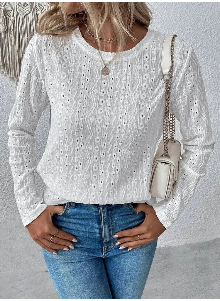 Blouses- Women Eyelet Detail Blouse with Long Sleeves- - IndioGear.com