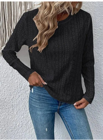 Blouses- Women Eyelet Detail Blouse with Long Sleeves- - IndioGear.com