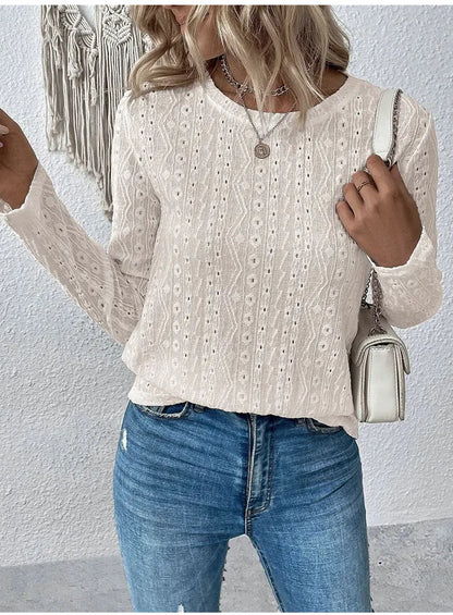 Blouses- Women Eyelet Detail Blouse with Long Sleeves- - IndioGear.com