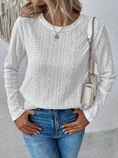 Blouses- Women Eyelet Detail Blouse with Long Sleeves- White- IndioGear.com