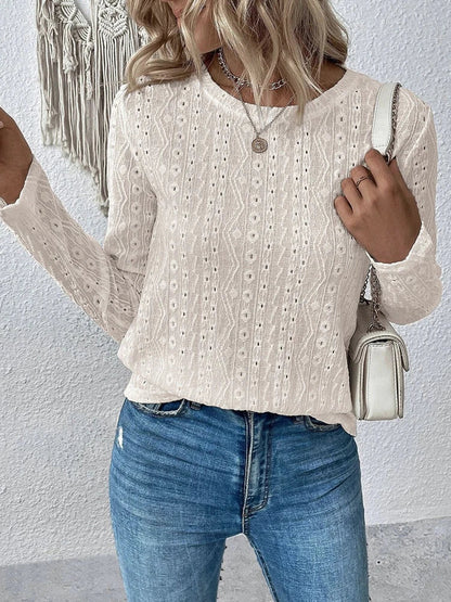 Blouses- Women Eyelet Detail Blouse with Long Sleeves- - IndioGear.com