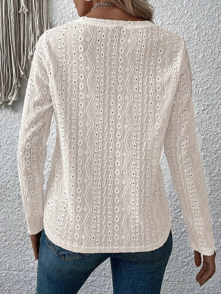 Blouses- Women Eyelet Detail Blouse with Long Sleeves- - IndioGear.com