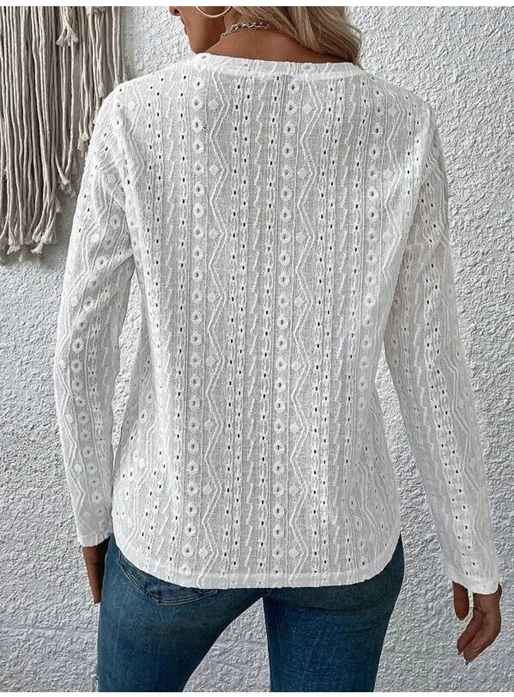 Blouses- Women Eyelet Detail Blouse with Long Sleeves- - IndioGear.com