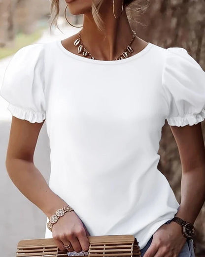 Blouses- Women Lace-Back Puff Sleeve Top Blouse for Day Events- - IndioGear.com