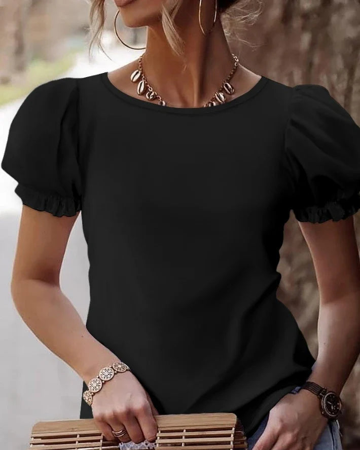 Blouses- Women Lace-Back Puff Sleeve Top Blouse for Day Events- - IndioGear.com