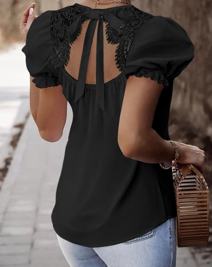 Blouses- Women Lace-Back Puff Sleeve Top Blouse for Day Events- - IndioGear.com