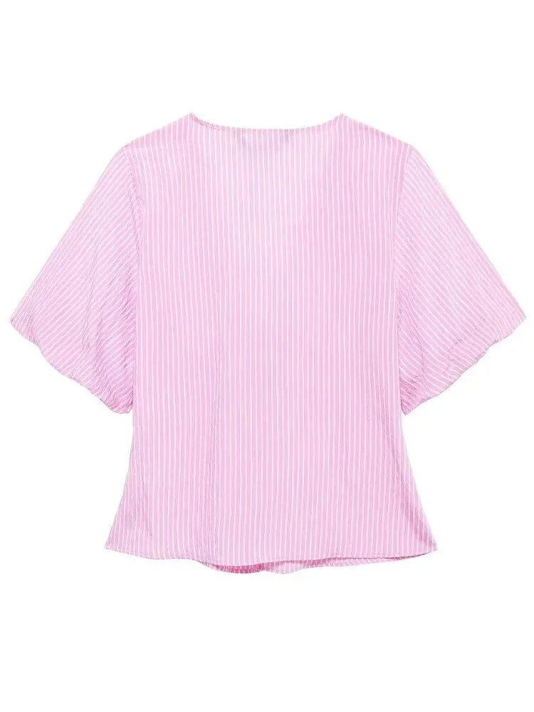 Blouses- Women Pink Peplum Striped Blouse for Spring- - IndioGear.com