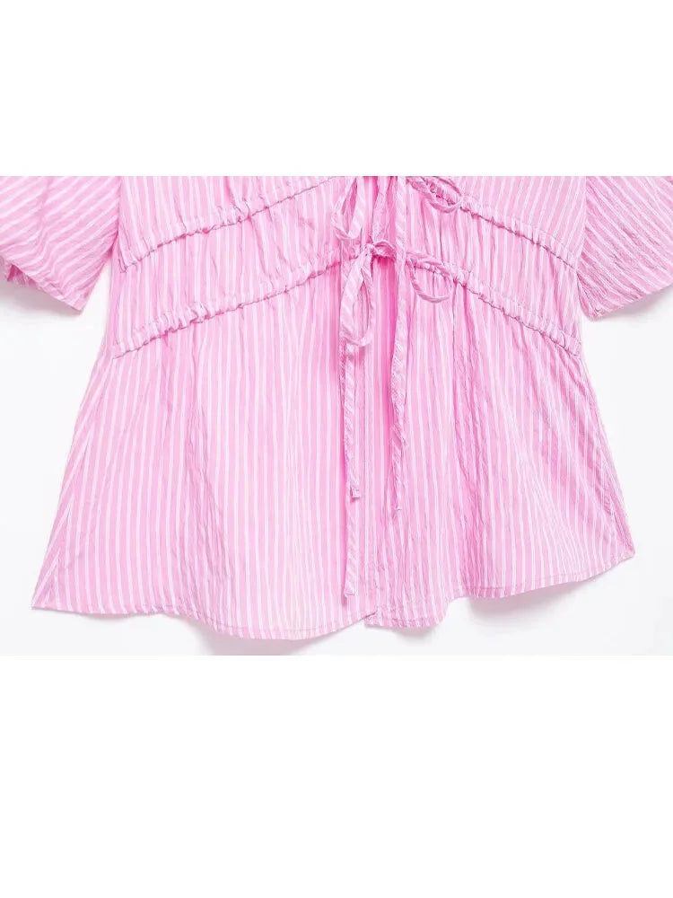 Blouses- Women Pink Peplum Striped Blouse for Spring- - IndioGear.com