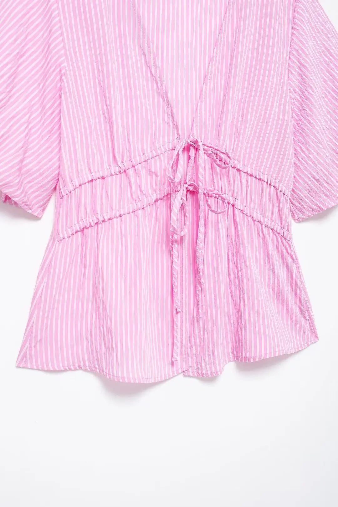 Blouses- Women Pink Peplum Striped Blouse for Spring- - IndioGear.com