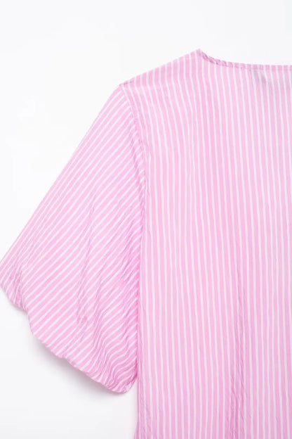 Blouses- Women Pink Peplum Striped Blouse for Spring- - IndioGear.com