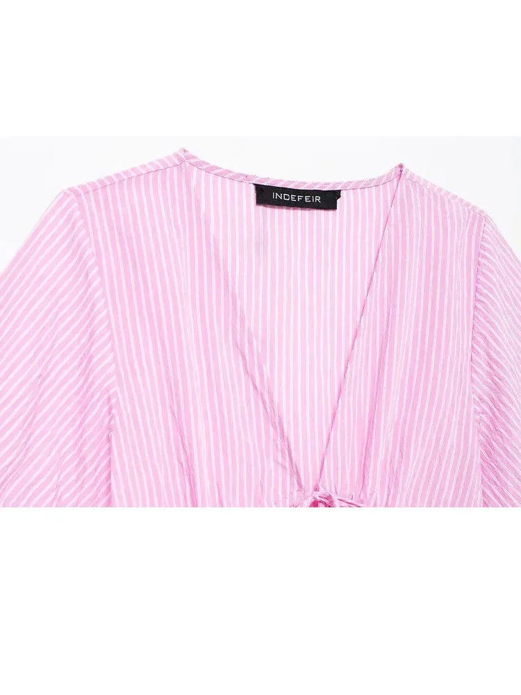 Blouses- Women Pink Peplum Striped Blouse for Spring- - IndioGear.com