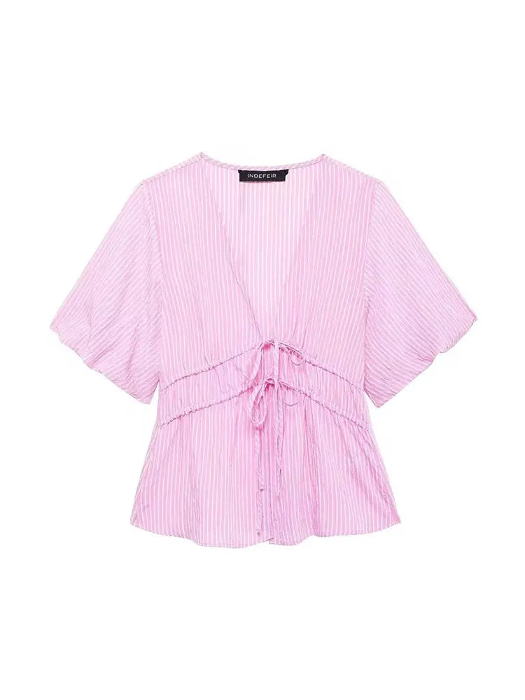 Blouses- Women Pink Peplum Striped Blouse for Spring- Pink- IndioGear.com