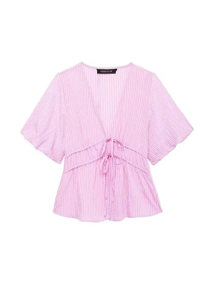 Blouses- Women Pink Peplum Striped Blouse for Spring- Pink- IndioGear.com