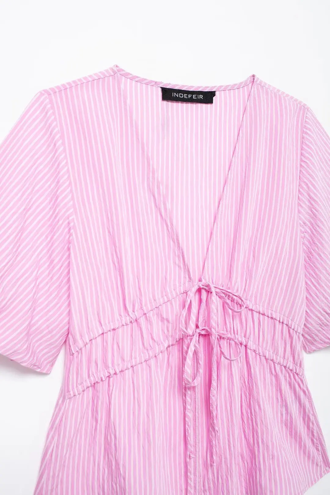 Blouses- Women Pink Peplum Striped Blouse for Spring- - IndioGear.com