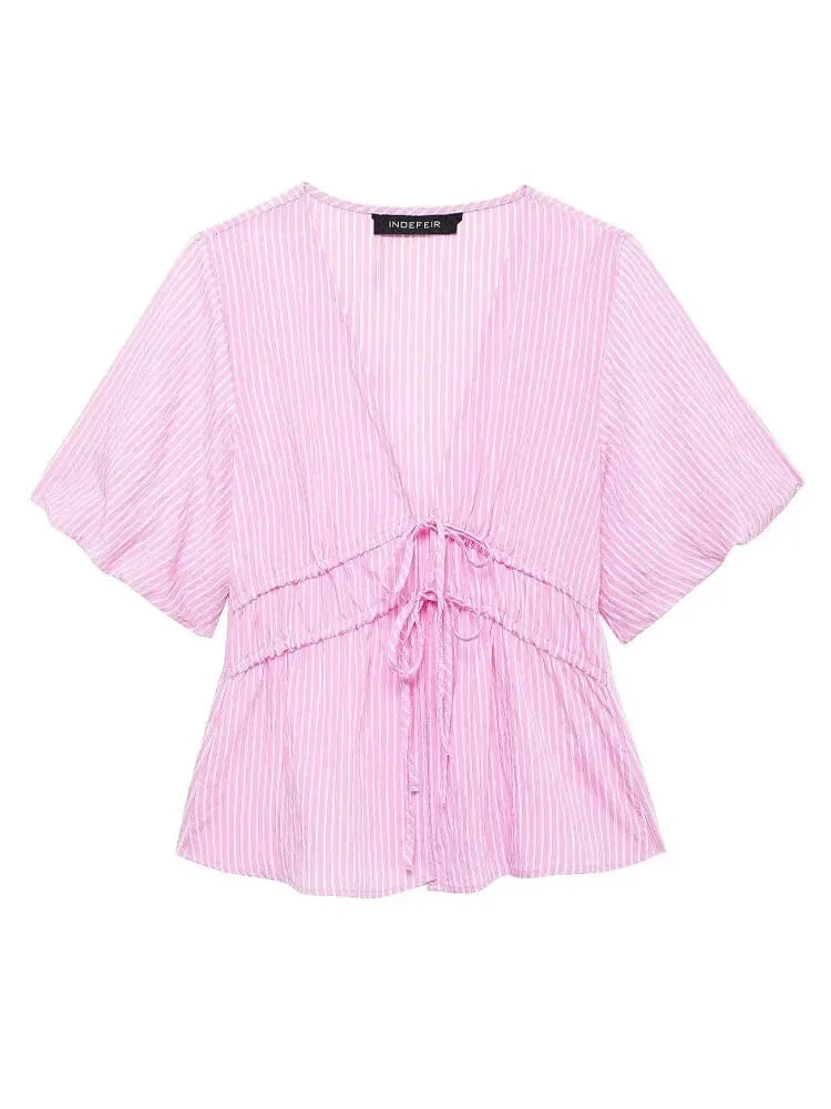 Blouses- Women Pink Peplum Striped Blouse for Spring- - IndioGear.com