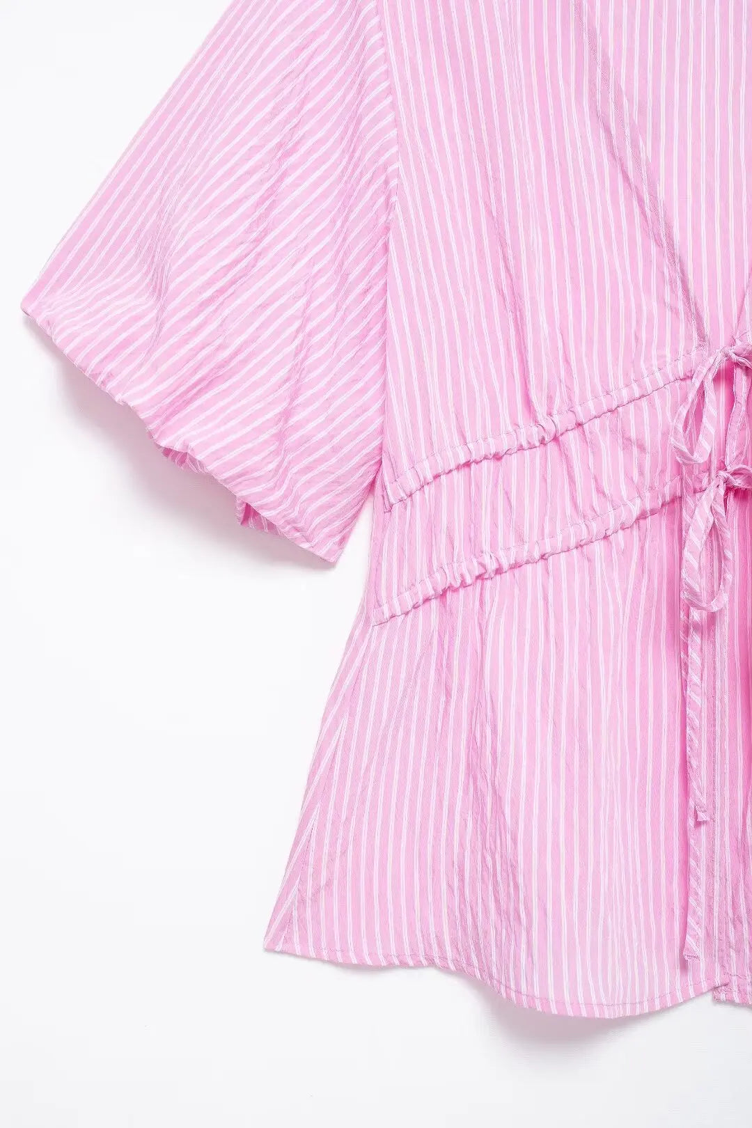 Blouses- Women Pink Peplum Striped Blouse for Spring- - IndioGear.com