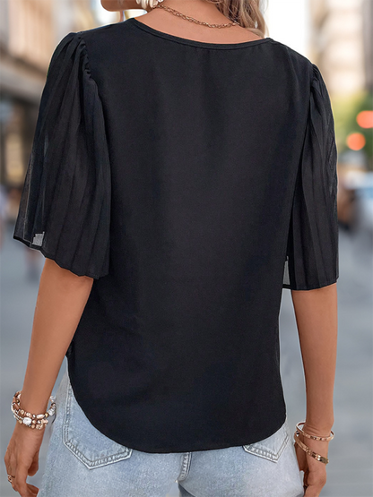 Blouses- Women Pleated Sleeve V-Neck Blouse- - IndioGear.com