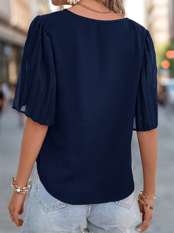 Blouses- Women Pleated Sleeve V-Neck Blouse- - IndioGear.com