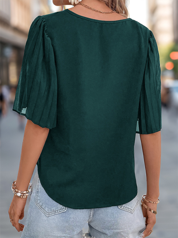 Blouses- Women Pleated Sleeve V-Neck Blouse- - IndioGear.com