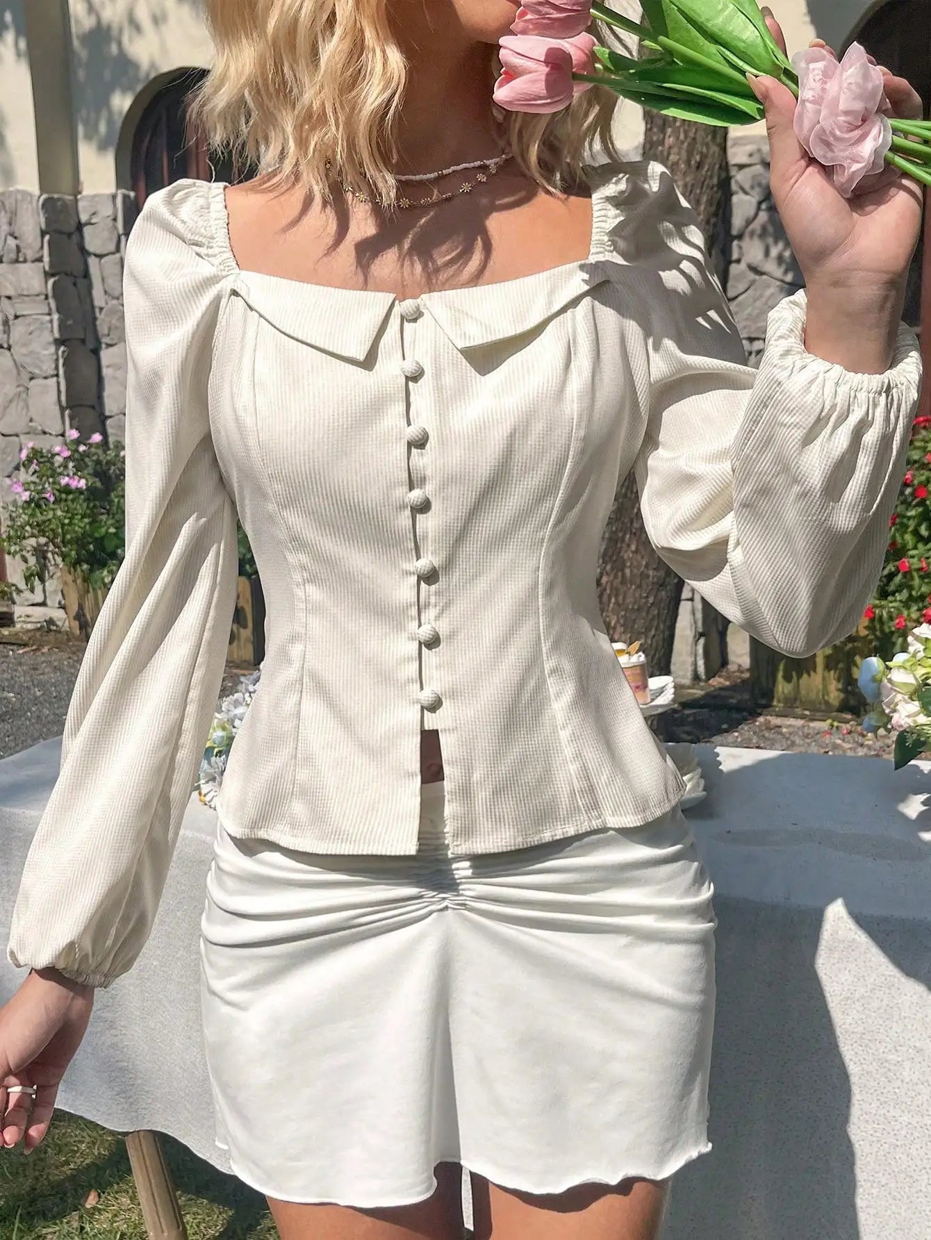 Blouses- Women Romantic Square Neck Puff Sleeve Blouse- - IndioGear.com