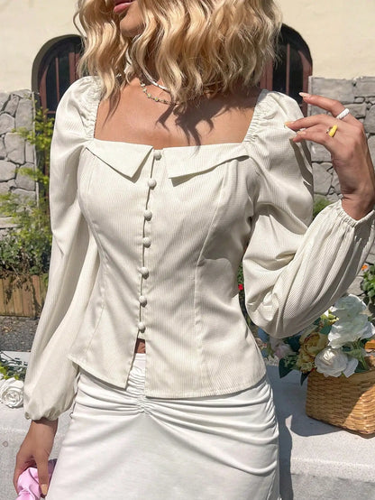 Blouses- Women Romantic Square Neck Puff Sleeve Blouse- - IndioGear.com