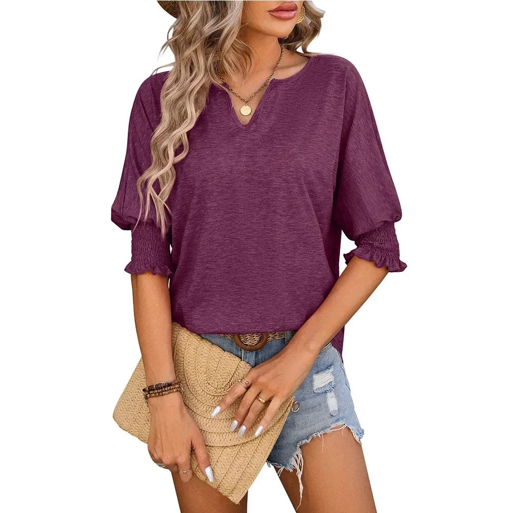 Blouses- Women Ruffled Sleeve V-Neck Top Blouse for Versatile Wear- - IndioGear.com