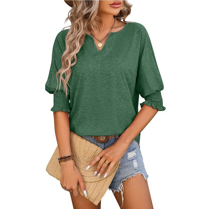 Blouses- Women Ruffled Sleeve V-Neck Top Blouse for Versatile Wear- Green- IndioGear.com