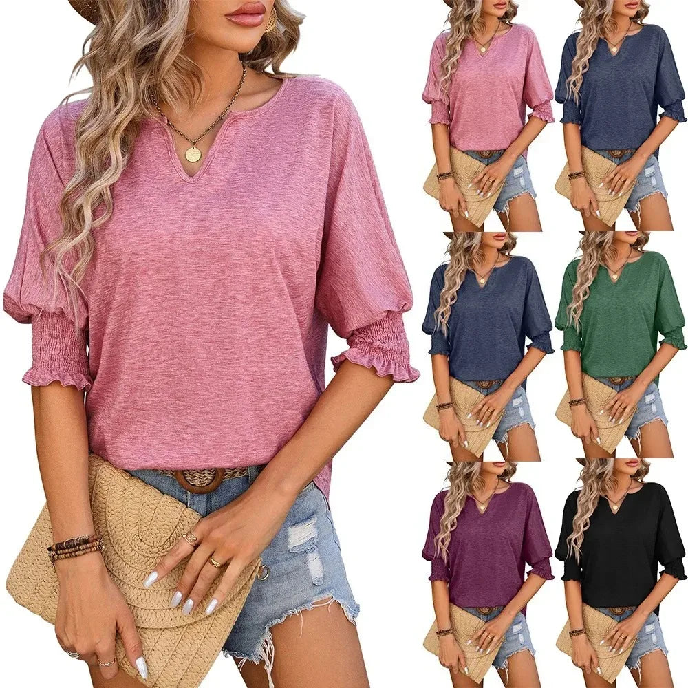 Blouses- Women Ruffled Sleeve V-Neck Top Blouse for Versatile Wear- - IndioGear.com