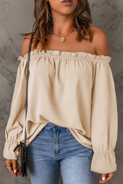 Blouses- Women Solid Off-Shoulder Blouse with Lantern Sleeves- - IndioGear.com