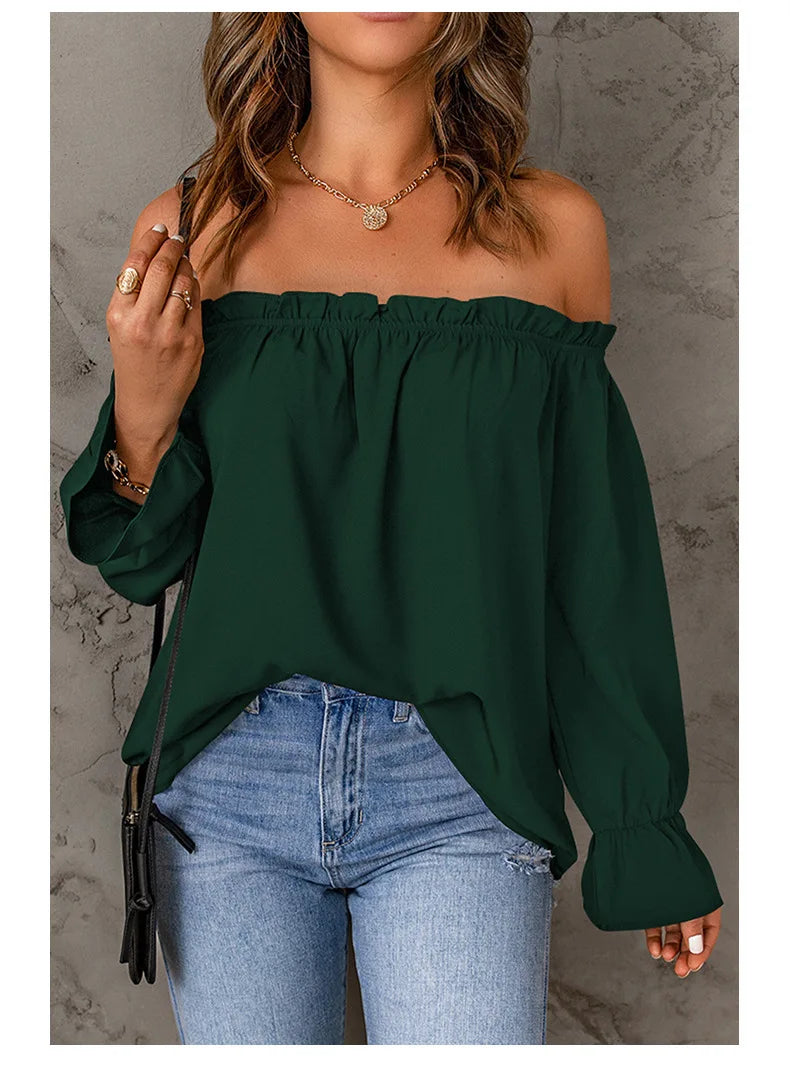 Blouses- Women Solid Off-Shoulder Blouse with Lantern Sleeves- - IndioGear.com