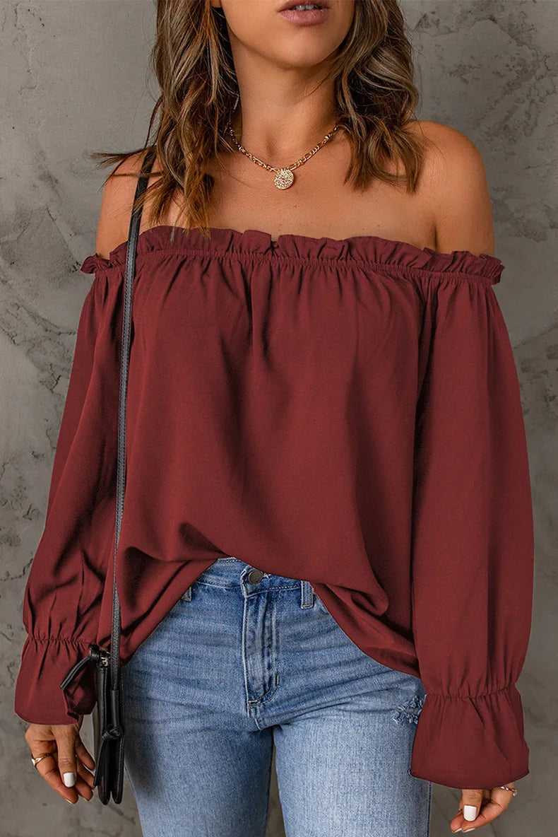 Blouses- Women Solid Off-Shoulder Blouse with Lantern Sleeves- - IndioGear.com