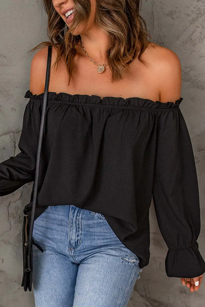 Blouses- Women Solid Off-Shoulder Blouse with Lantern Sleeves- - IndioGear.com