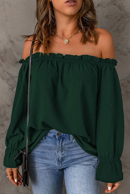 Blouses- Women Solid Off-Shoulder Blouse with Lantern Sleeves- Green- IndioGear.com