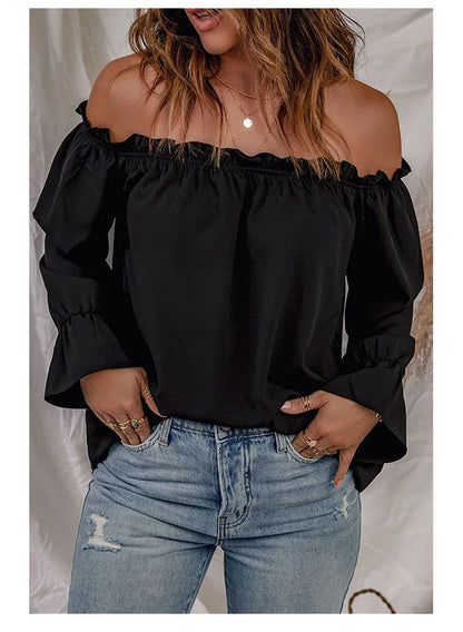 Blouses- Women Solid Off-Shoulder Blouse with Lantern Sleeves- Black- IndioGear.com