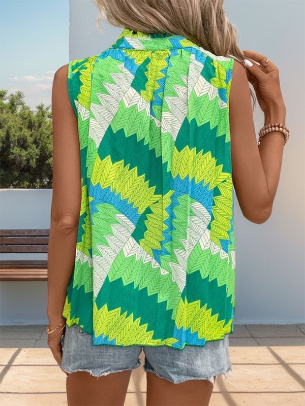 Blouses- Women Stand Collar Sleeveless Blouse with Tropical Print- - IndioGear.com