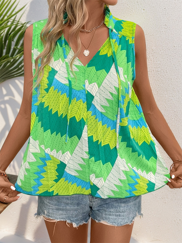 Blouses- Women Stand Collar Sleeveless Blouse with Tropical Print- - IndioGear.com