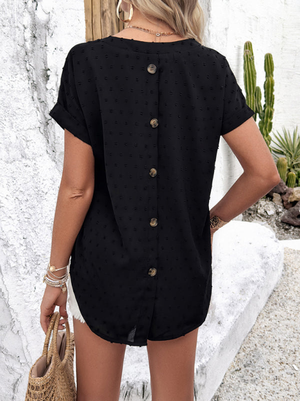 Blouses- Women Swiss Dot Blouse Button-Back Top with Short Sleeves- - IndioGear.com