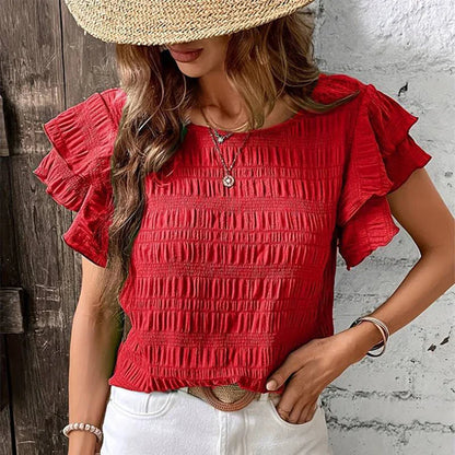 Blouses- Women Textured Stripe Ruffle-Sleeve Blouse for Any Occasion- Red- IndioGear.com