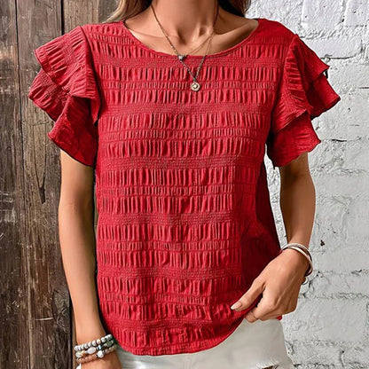 Blouses- Women Textured Stripe Ruffle-Sleeve Blouse for Any Occasion- - IndioGear.com