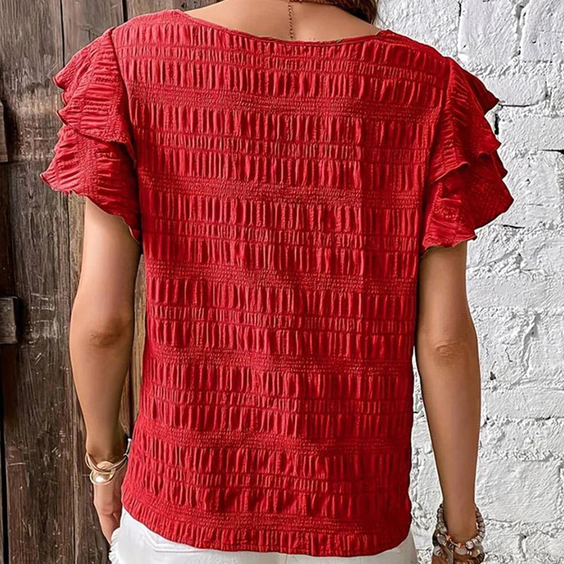 Blouses- Women Textured Stripe Ruffle-Sleeve Blouse for Any Occasion- - IndioGear.com