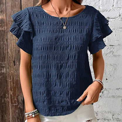 Blouses- Women Textured Stripe Ruffle-Sleeve Blouse for Any Occasion- - IndioGear.com