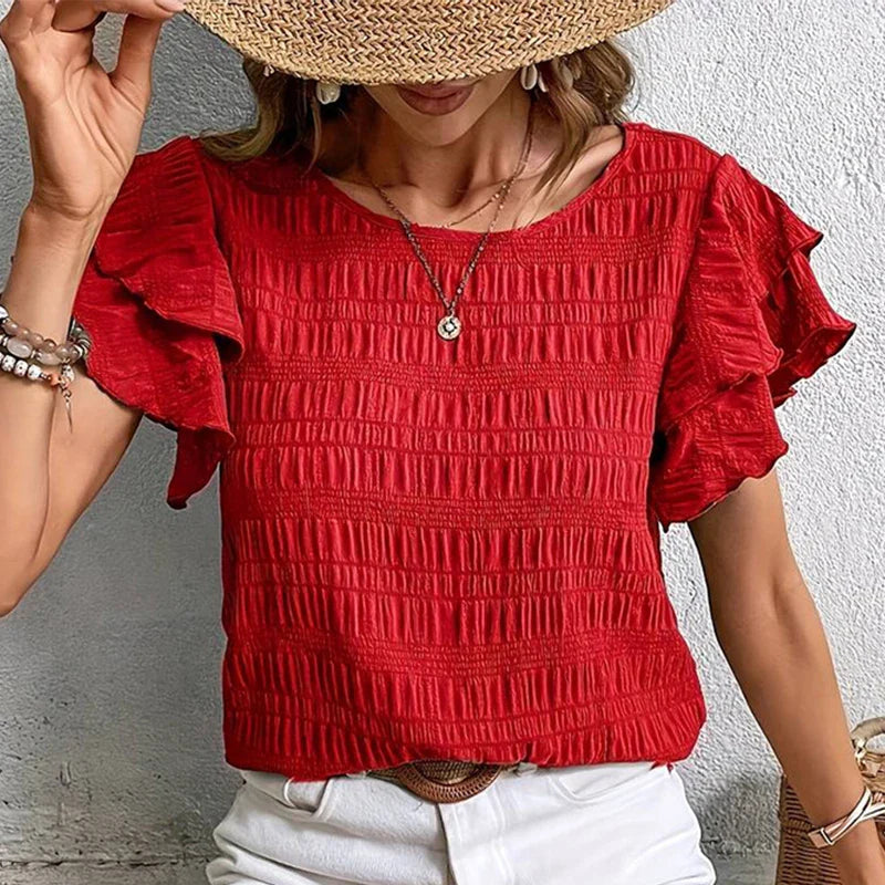 Blouses- Women Textured Stripe Ruffle-Sleeve Blouse for Any Occasion- - IndioGear.com